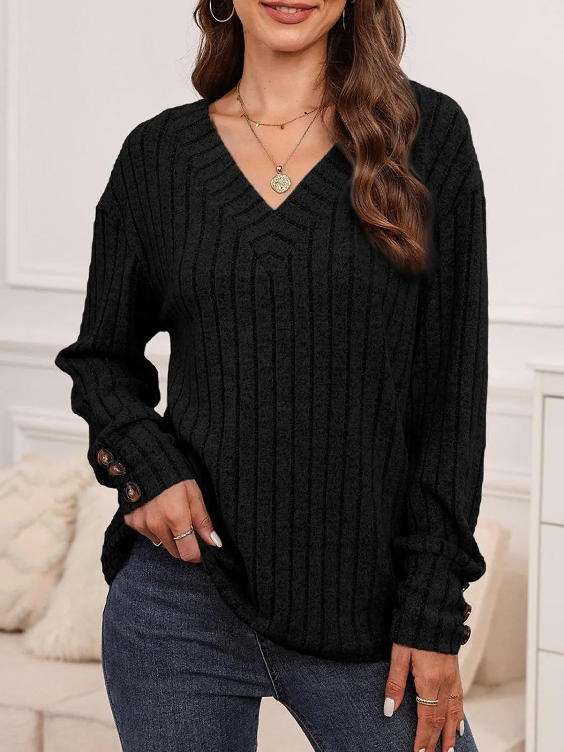 Ribbed V-Neck Long Sleeve T-Shirt - 6i6