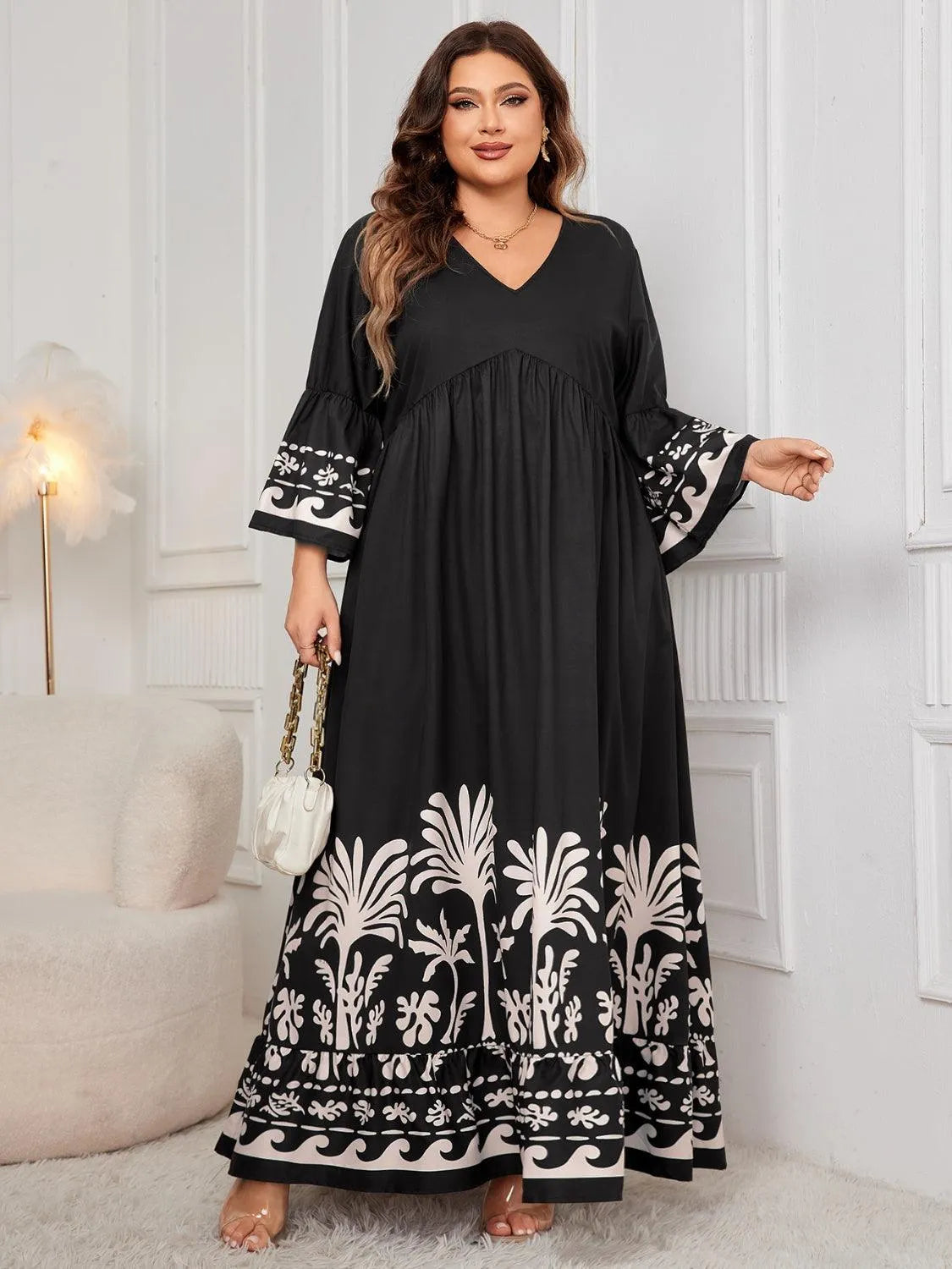 Plus Size Printed V-Neck Long Sleeve Maxi Dress - 6i6