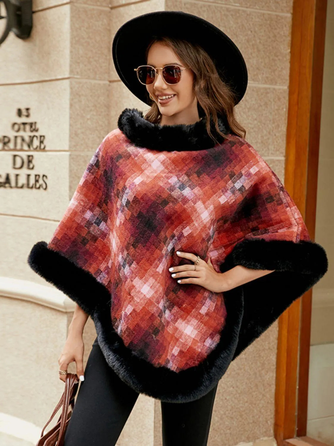 Faux Fur Trim Poncho - 6i6