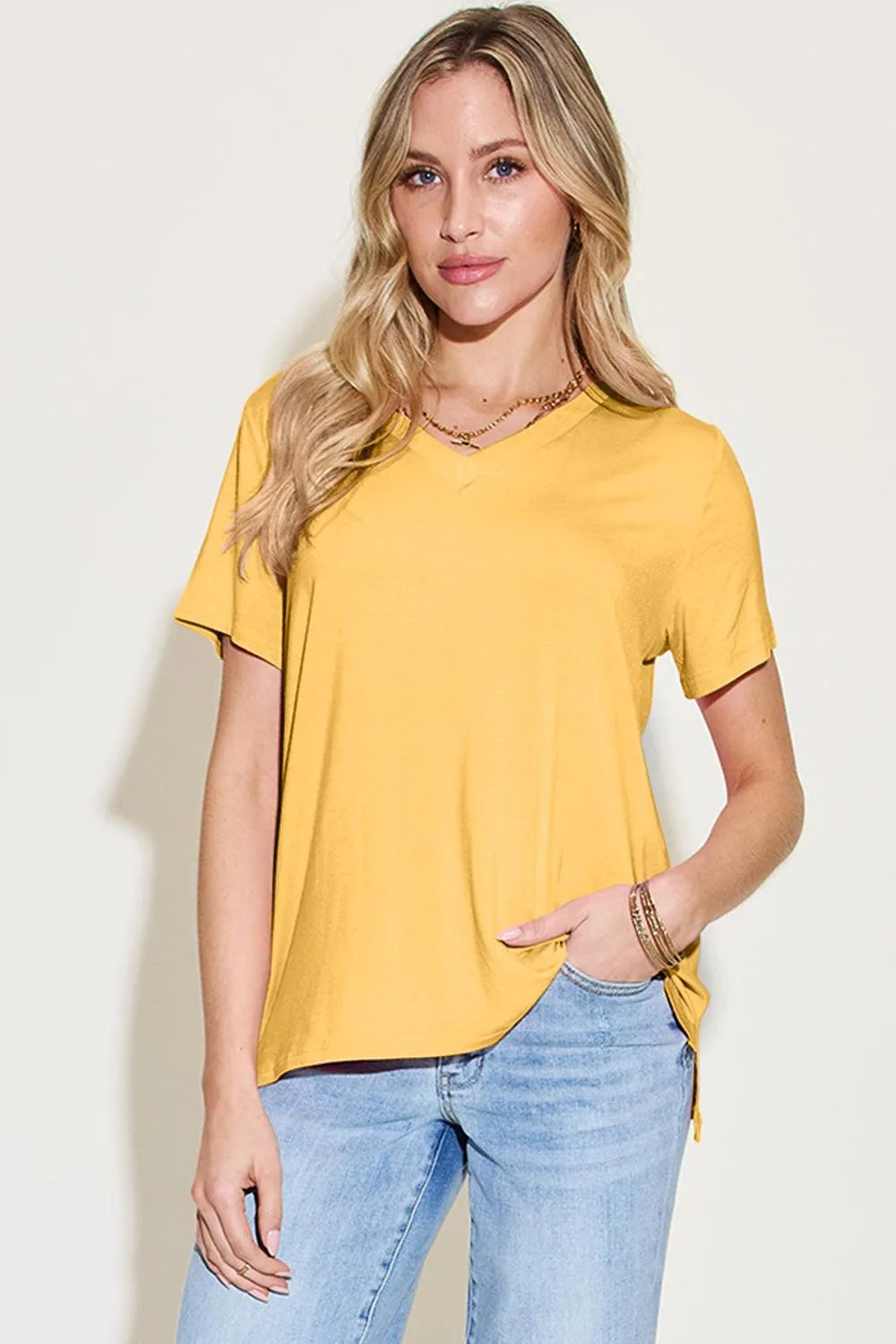 Basic Bae Bamboo Full Size V-Neck High-Low T-Shirt - 6i6