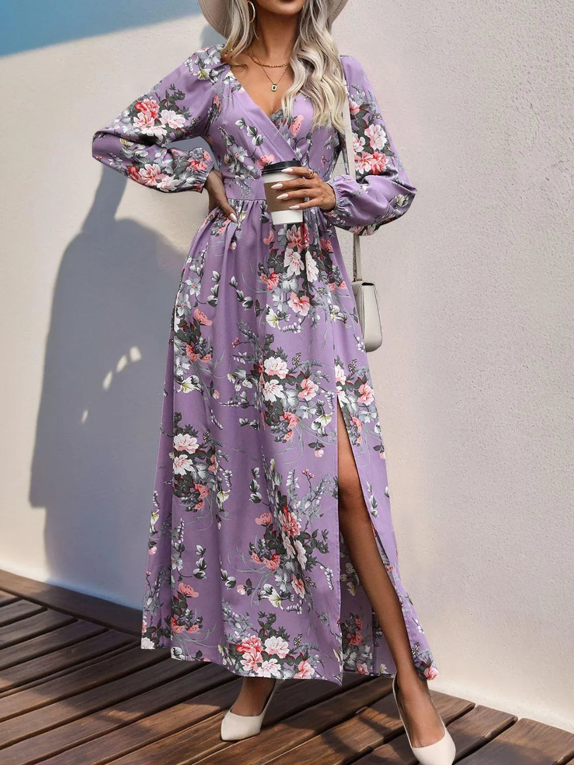 Slit Printed Surplice Long Sleeve Maxi Dress - 6i6