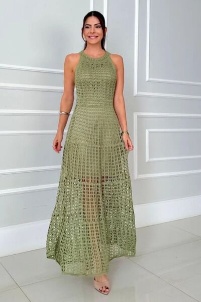 Hollowed-Out Sleeveless Maxi Dress for women from 6i6.com, perfect for breezy summer or evening wear.