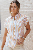 Pocketed Striped Collared Neck Short Sleeve Shirt - 6i6