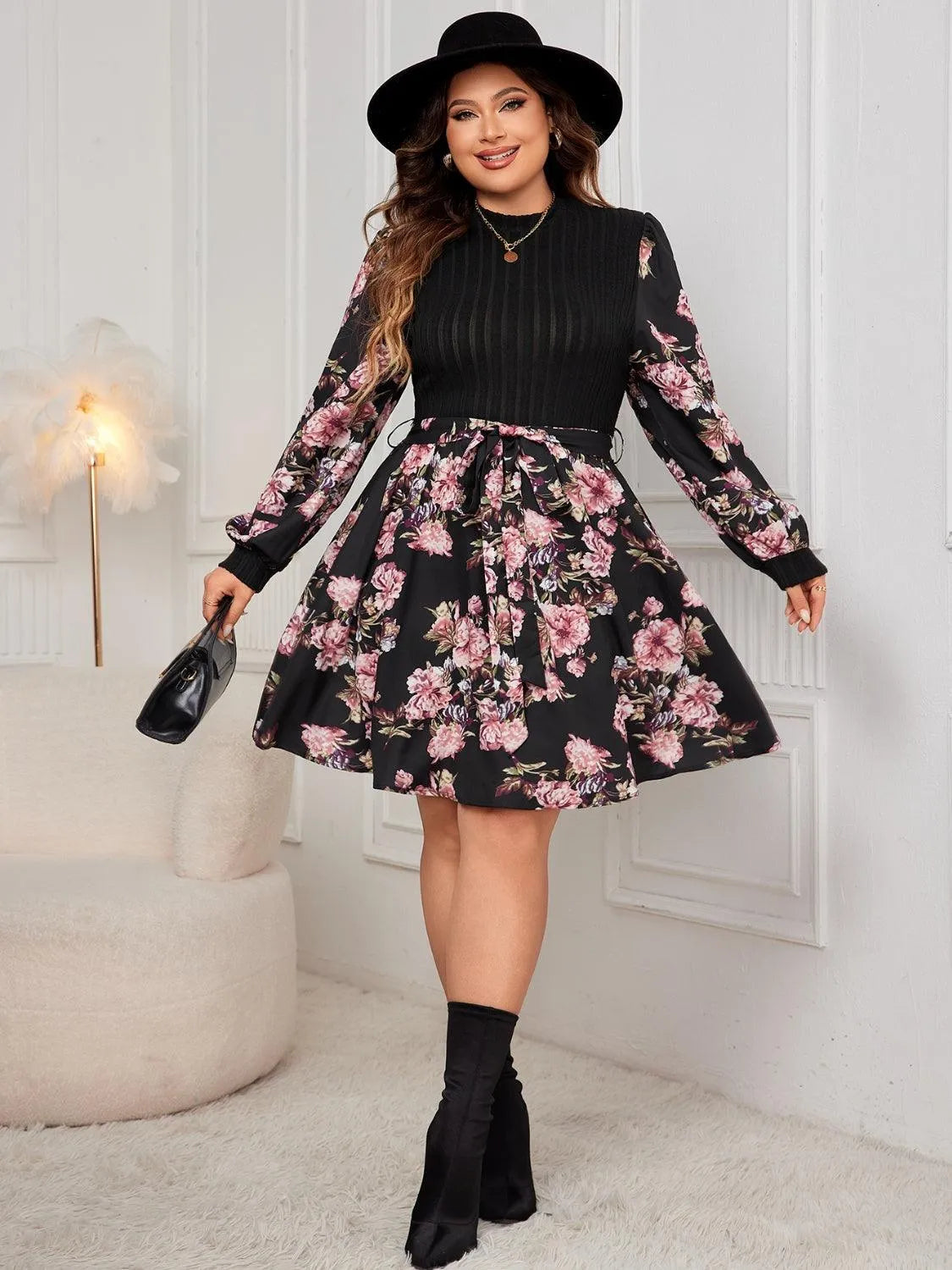 Plus Size Tied Printed Long Sleeve Dress - 6i6