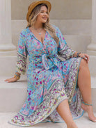 Plus Size Printed Tie Neck Top and Skirt Set - 6i6