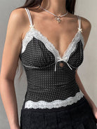 Devine Lace Detail Polka Dot V-Neck Cami for women with delicate lace trim, perfect for stylish summer outfits.