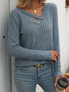 Ribbed V-Neck Long Sleeve T-Shirt - 6i6