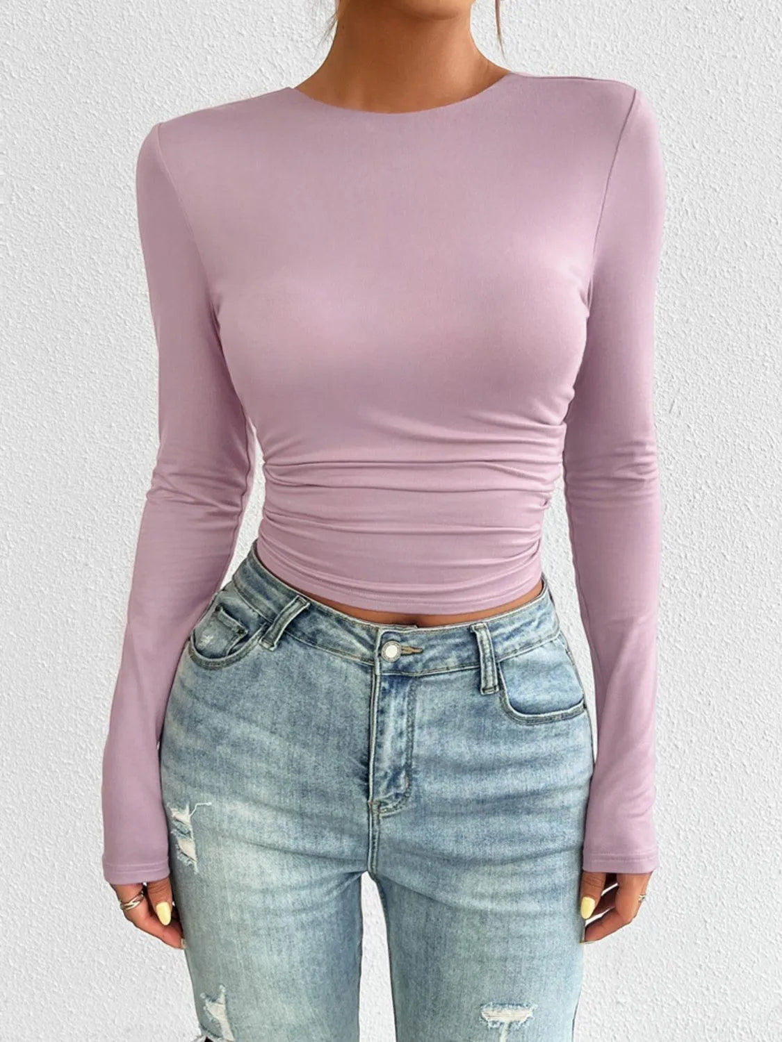 Backless Round Neck Long Sleeve T-Shirt - 6i6