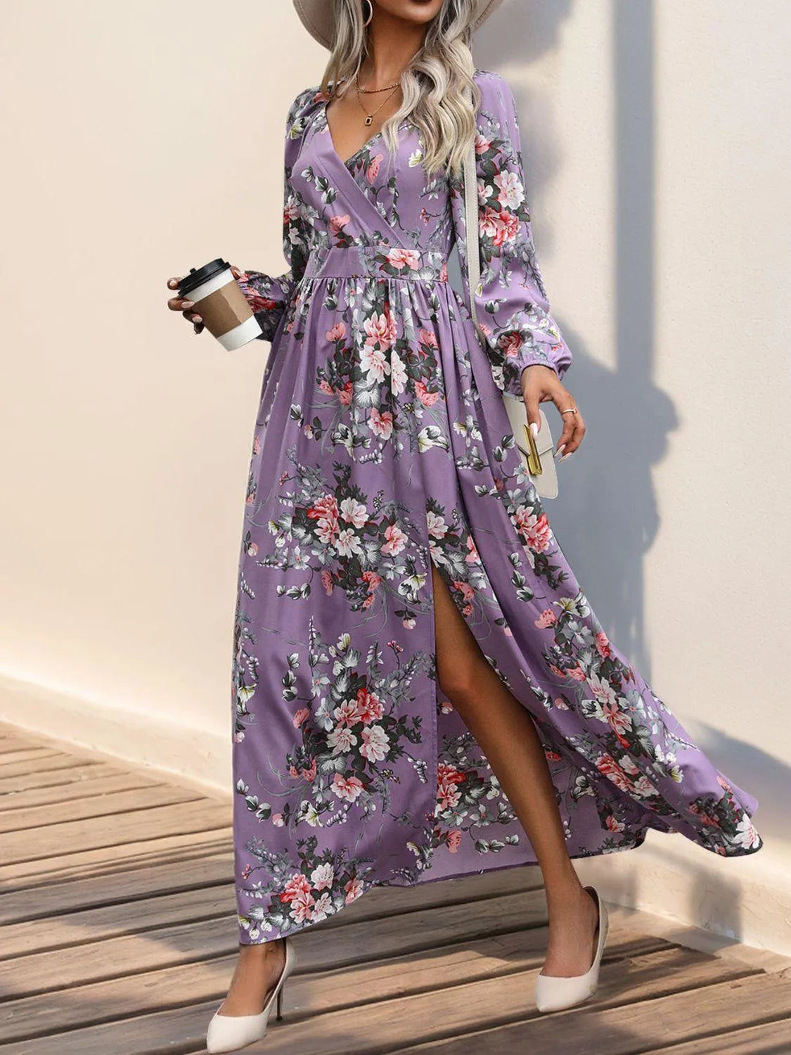 Slit Printed Surplice Long Sleeve Maxi Dress - 6i6