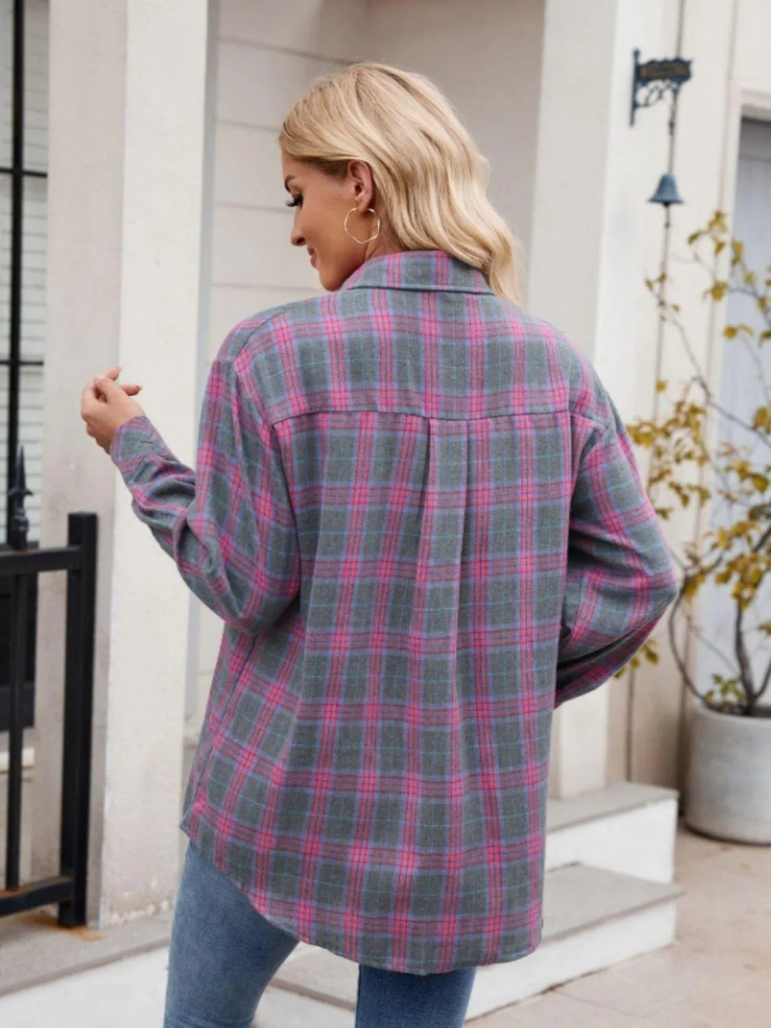 Pocketed Plaid Collared Neck Long Sleeve Shirt - 6i6