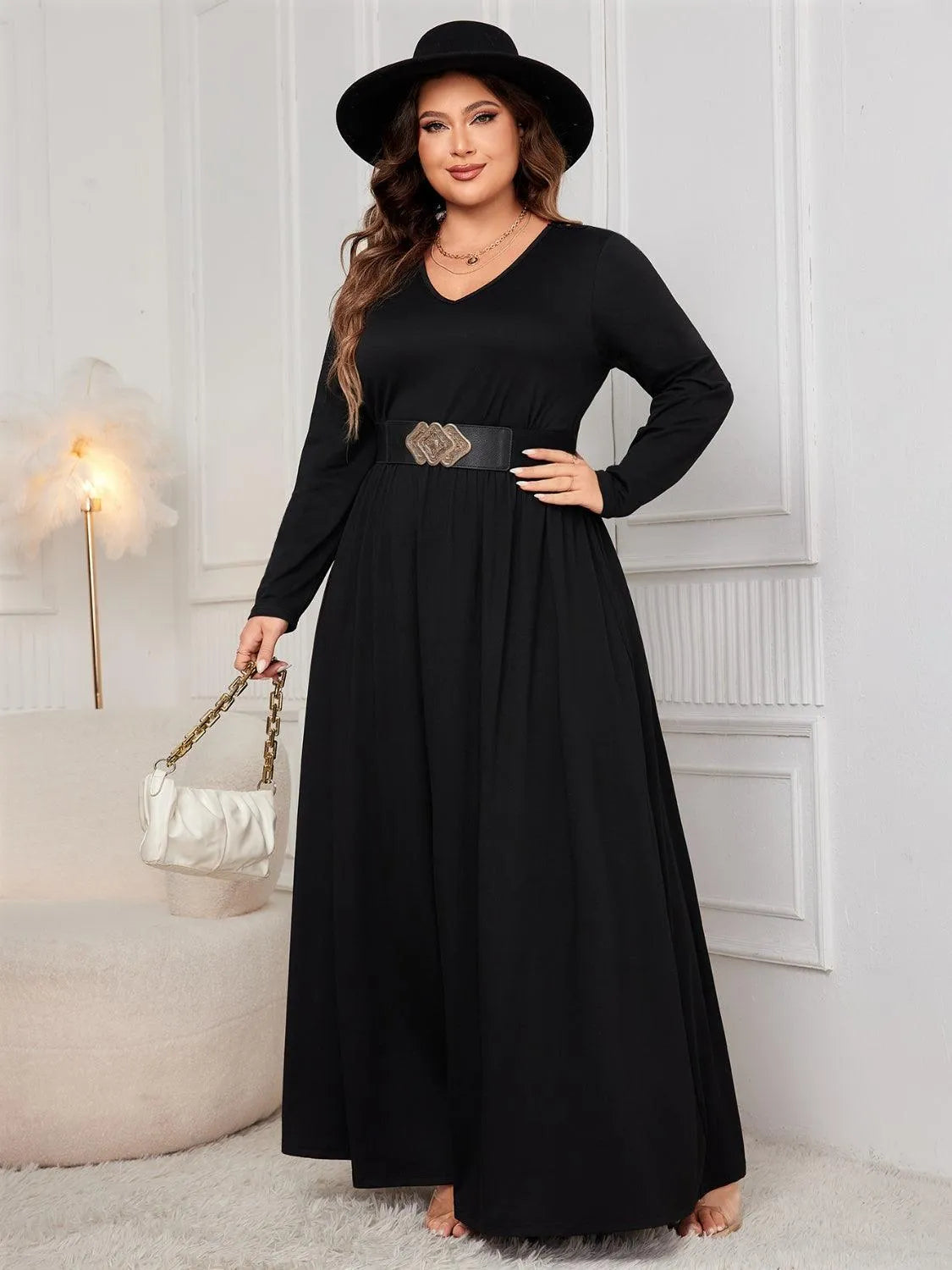 Plus Size Cutout V-Neck Long Sleeve Maxi Dress - 6i6