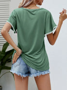 Pom-Pom Trim Flutter Sleeve Round Neck T-Shirt - 6i6