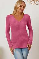 Basic Bae Full Size Ribbed V-Neck Long Sleeve T-Shirt - 6i6