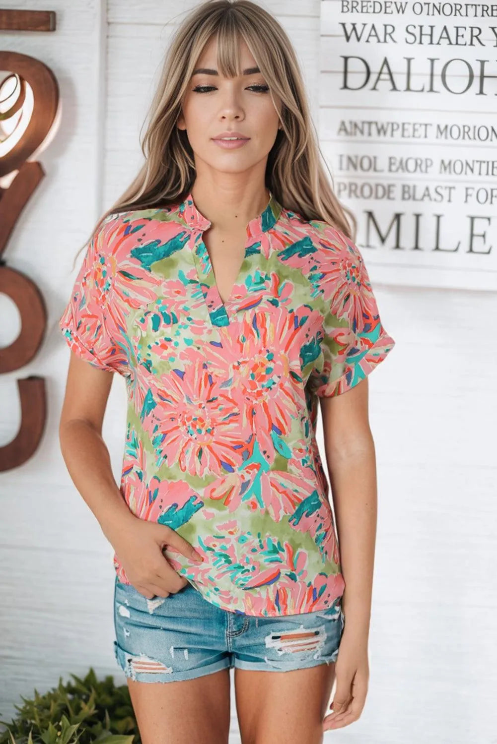 Floral Notched Neck Short Sleeve Top - 6i6