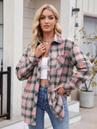 Pocketed Plaid Collared Neck Long Sleeve Shirt - 6i6