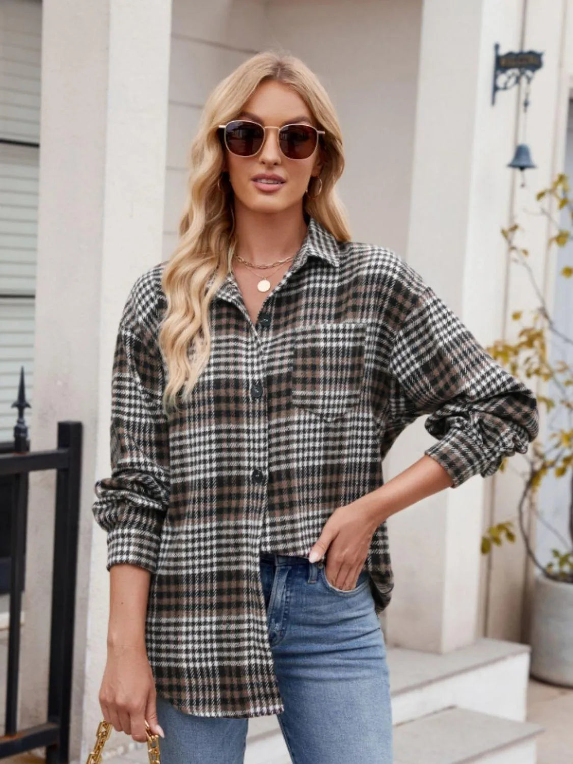 Pocketed Plaid Collared Neck Long Sleeve Shirt - 6i6