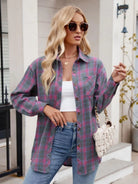 Pocketed Plaid Collared Neck Long Sleeve Shirt - 6i6