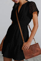 Eyelet Notched Short Sleeve Mini Dress - 6i6