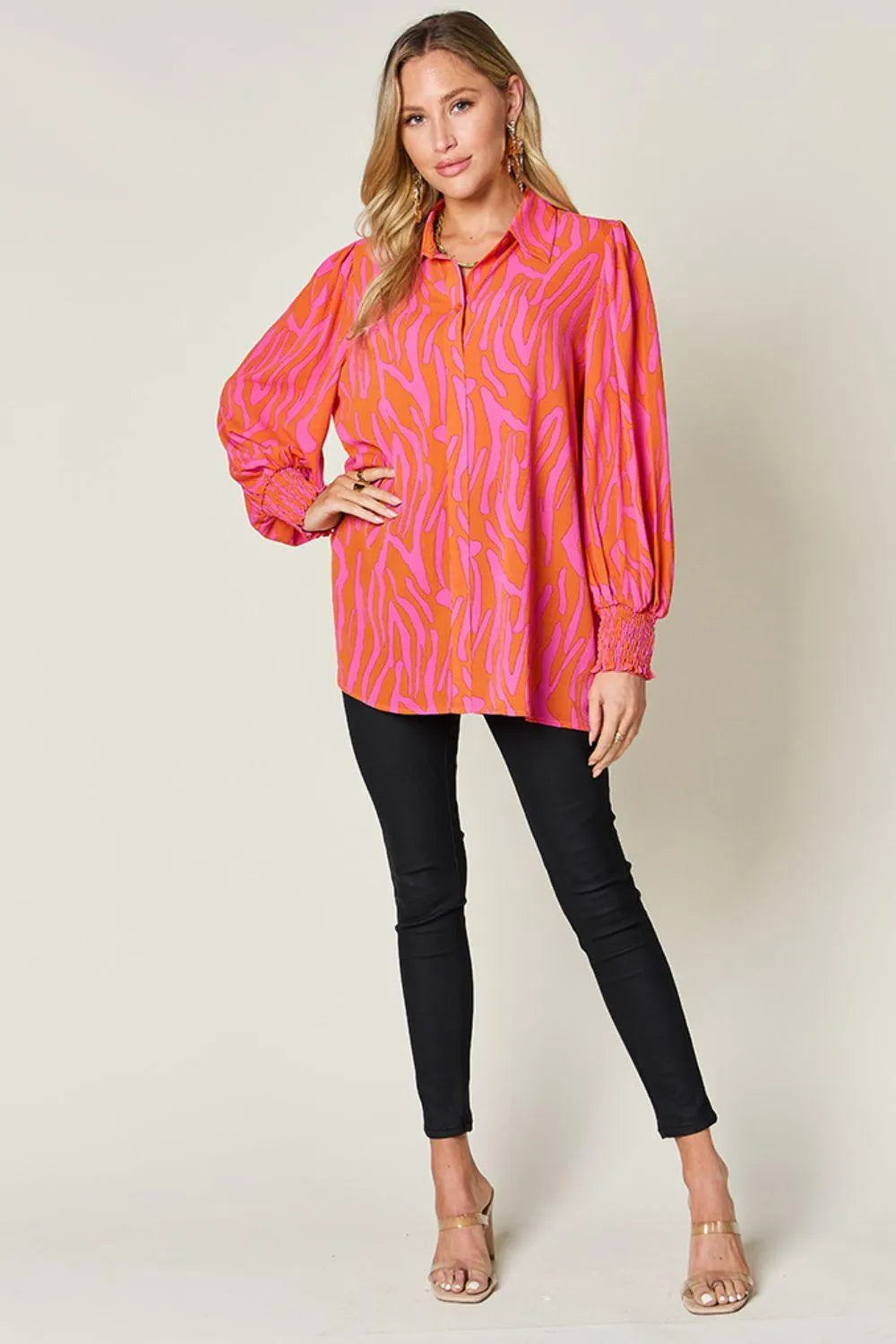 Double Take Full Size Printed Smocked Long Sleeve Blouse - 6i6