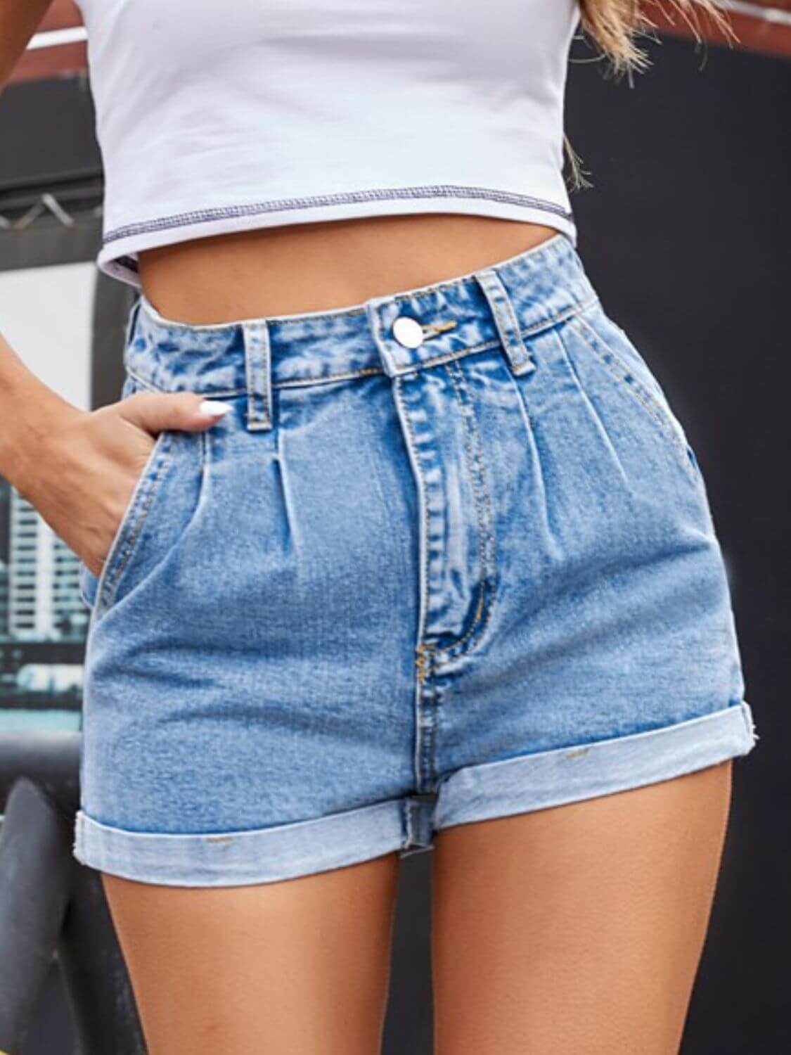 Denim shorts with functional side pockets, perfect for casual outings and warm weather, available at 6i6.com