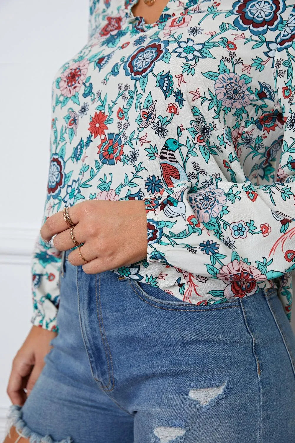 Floral Notched Long Sleeve Blouse - 6i6