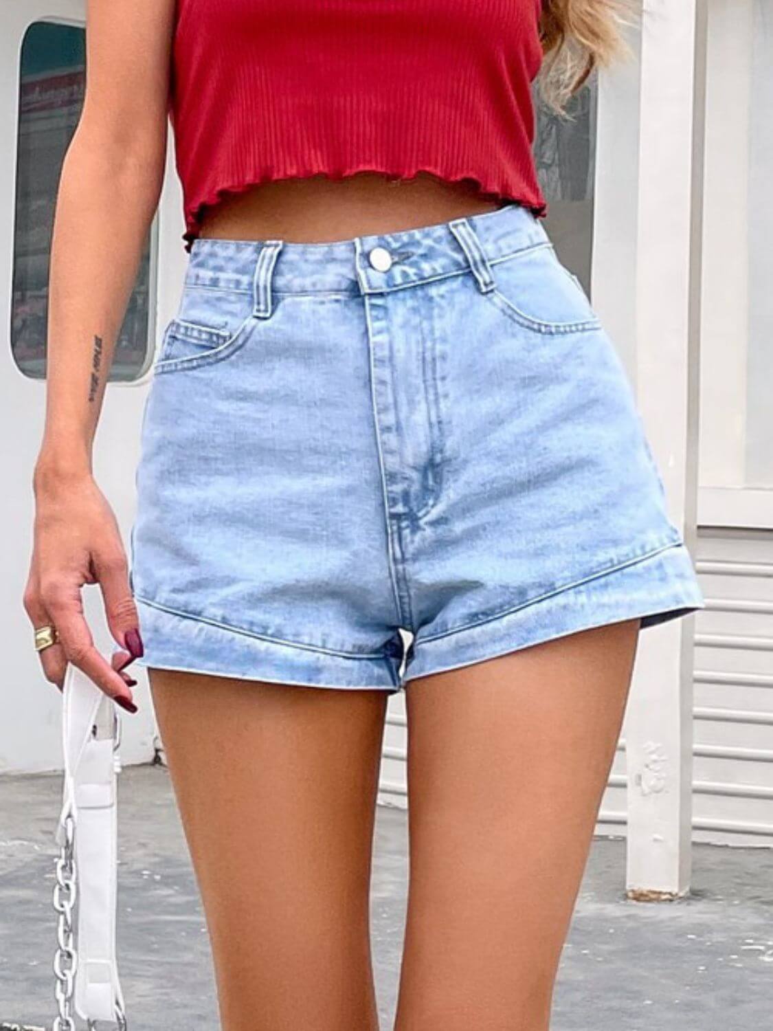 Denim shorts with side pockets, casual and stylish for warm weather, perfect for everyday wear, available at 6i6.com