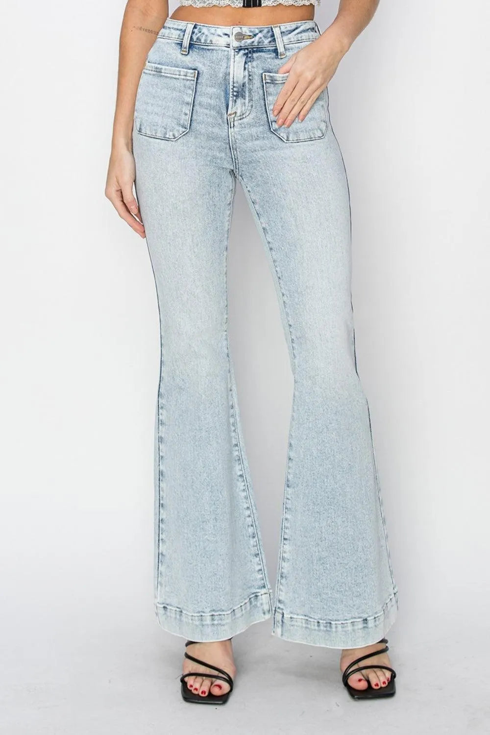 Risen Full Size High Rise Front Patch Pocket Flare Jeans - 6i6