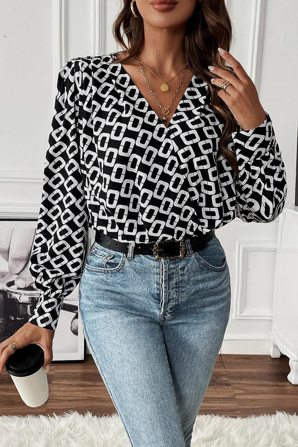 Geometric V-Neck Long Sleeve Blouse - 6i6