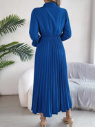 Pleated Half Button Long Sleeve Midi Dress - 6i6