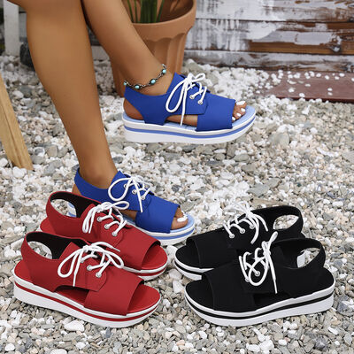 Open-Toe Lace Up Platform Sandals for women from 6i6.com, perfect for warm-weather outfits and comfortable summer wear.