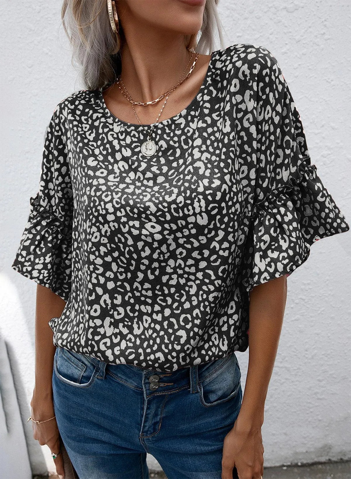 Leopard Round Neck Frill Trim Blouse - 6i6