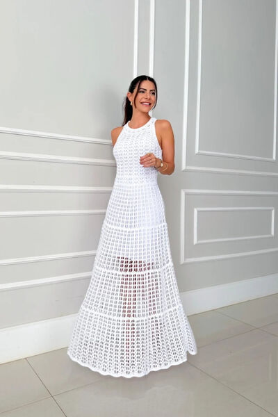 Hollowed-Out Sleeveless Maxi Dress for women from 6i6.com, perfect for breezy summer or evening wear.