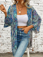 Printed Open Front Three-Quarter Sleeve Cover Up - 6i6