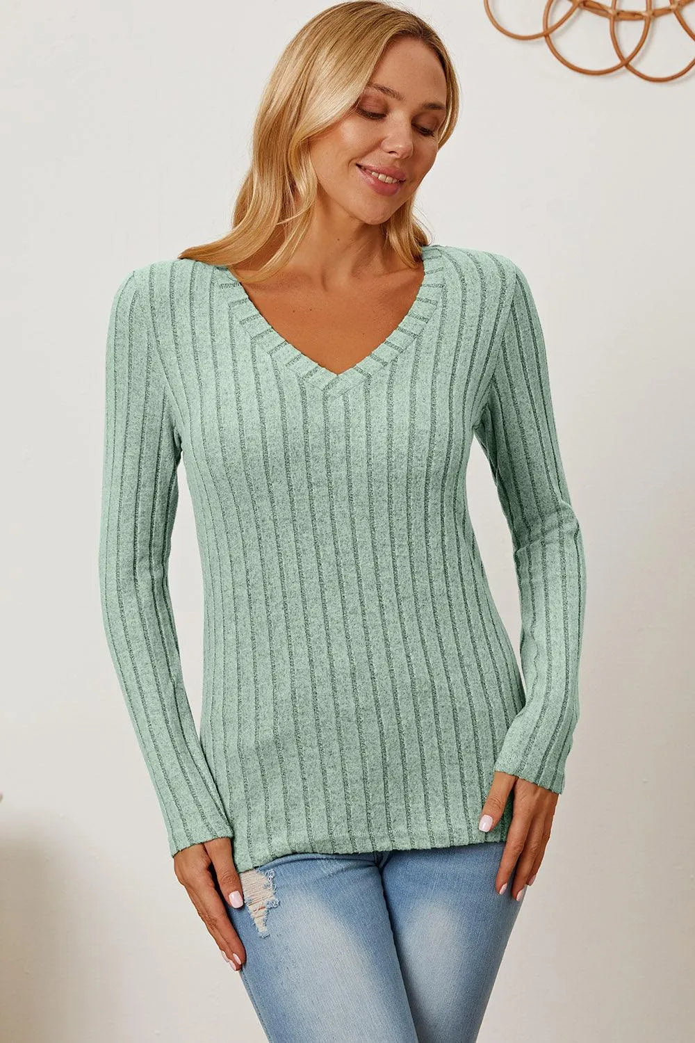 Basic Bae Full Size Ribbed V-Neck Long Sleeve T-Shirt - 6i6