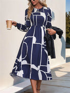 Smocked Color Block Long Sleeve Midi Dress - 6i6