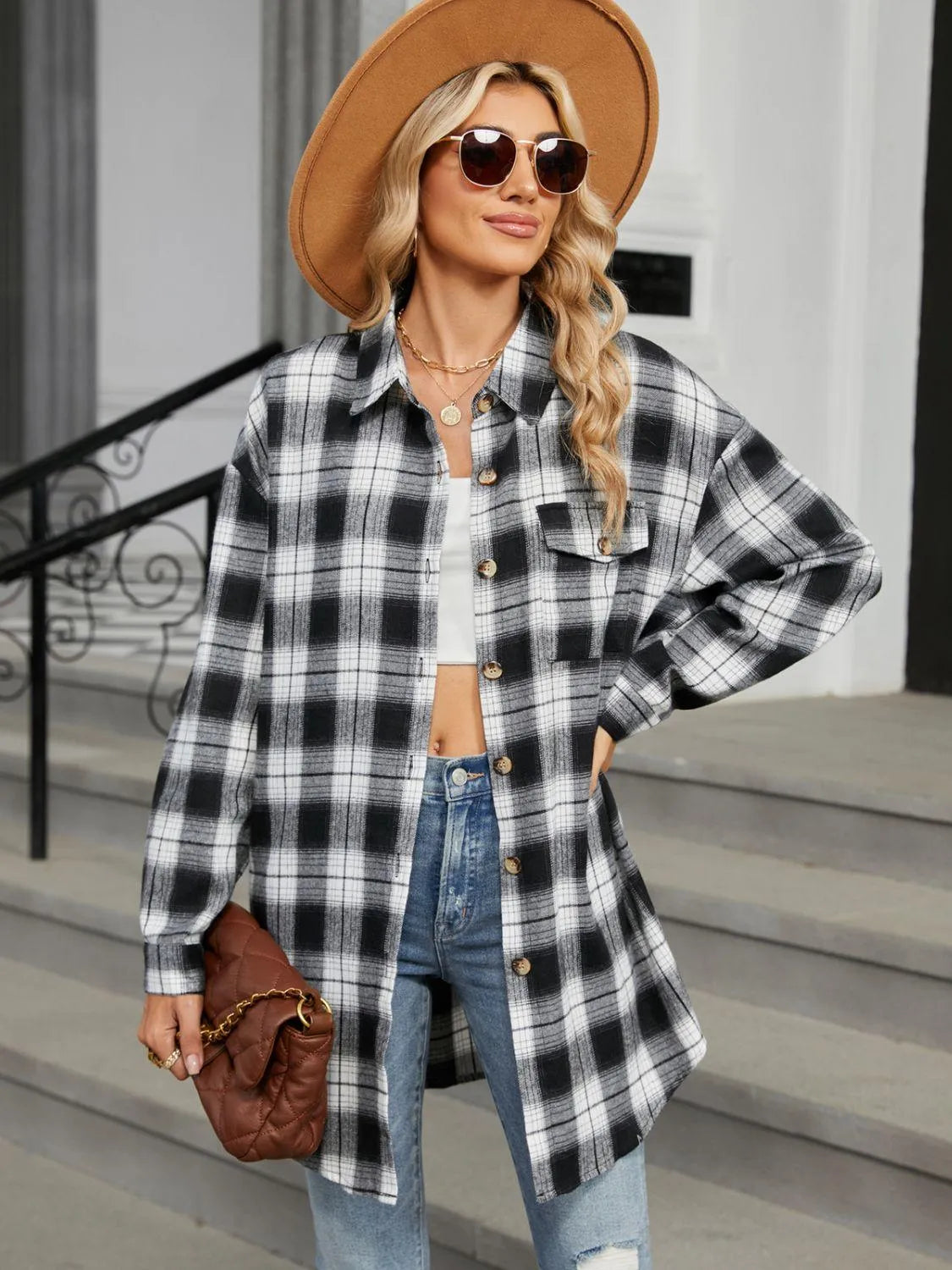 Plaid Collared Neck Long Sleeve Shirt - 6i6