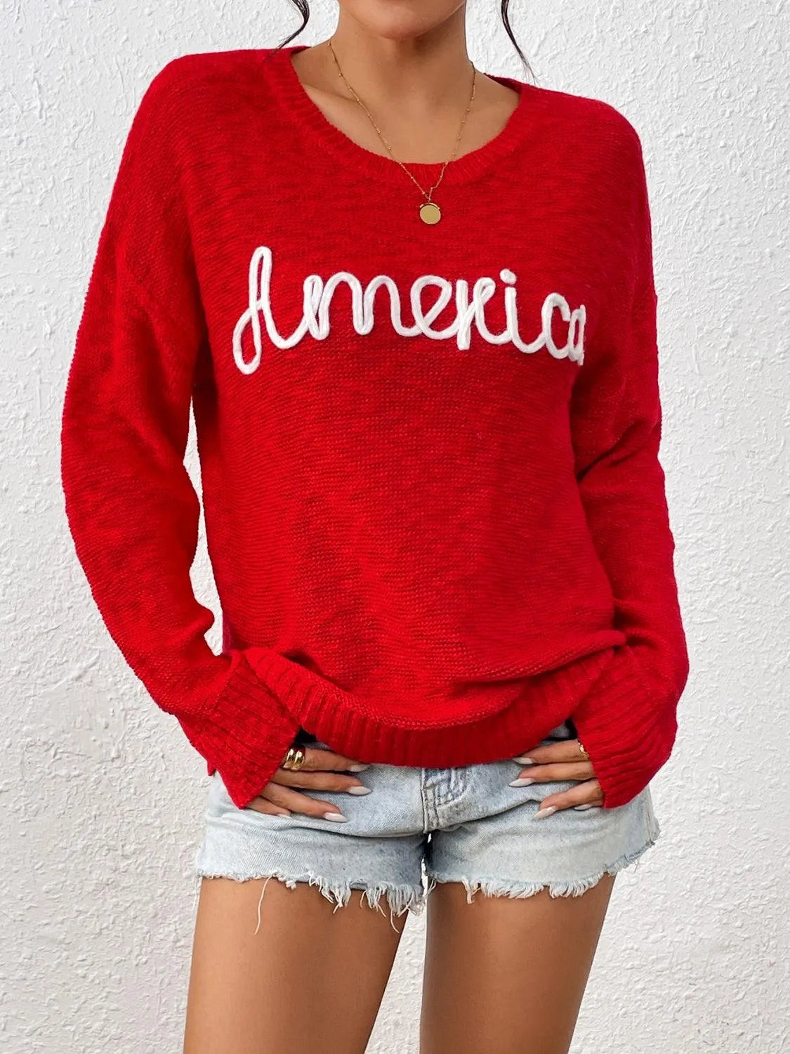 Letter Round Neck Long Sleeve Sweater - 6i6