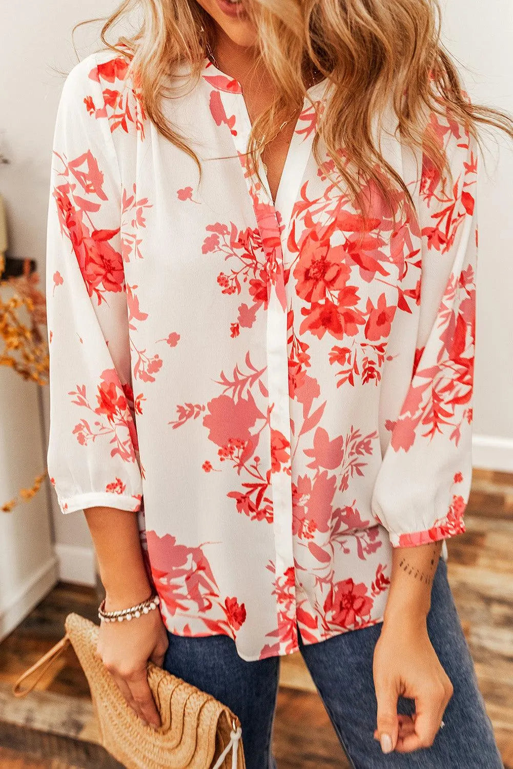 Floral Notched Long Sleeve Blouse - 6i6