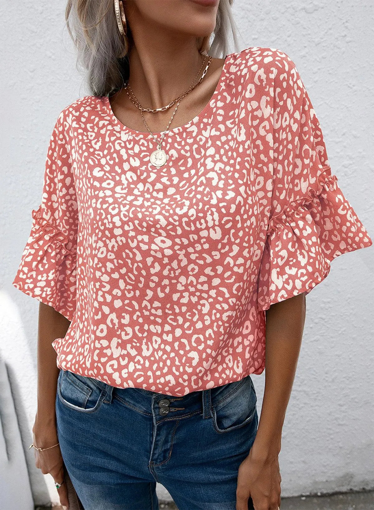 Leopard Round Neck Frill Trim Blouse - 6i6