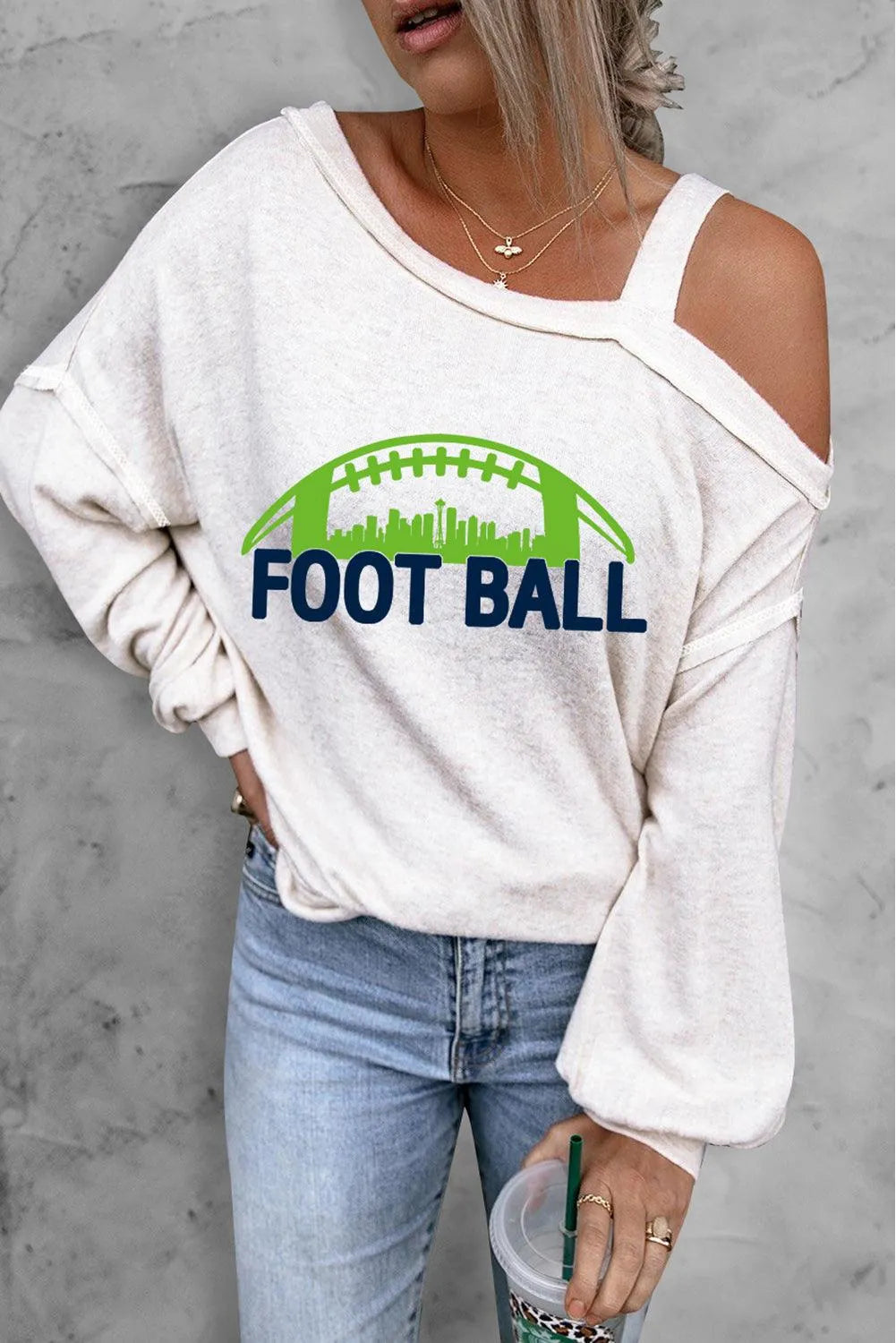 FOOTBALL Graphic Long Sleeve Asymmetrical Neck Top - 6i6