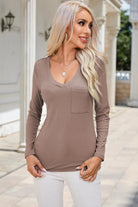 Ribbed V-Neck Long Sleeve Blouse with Pocket - 6i6