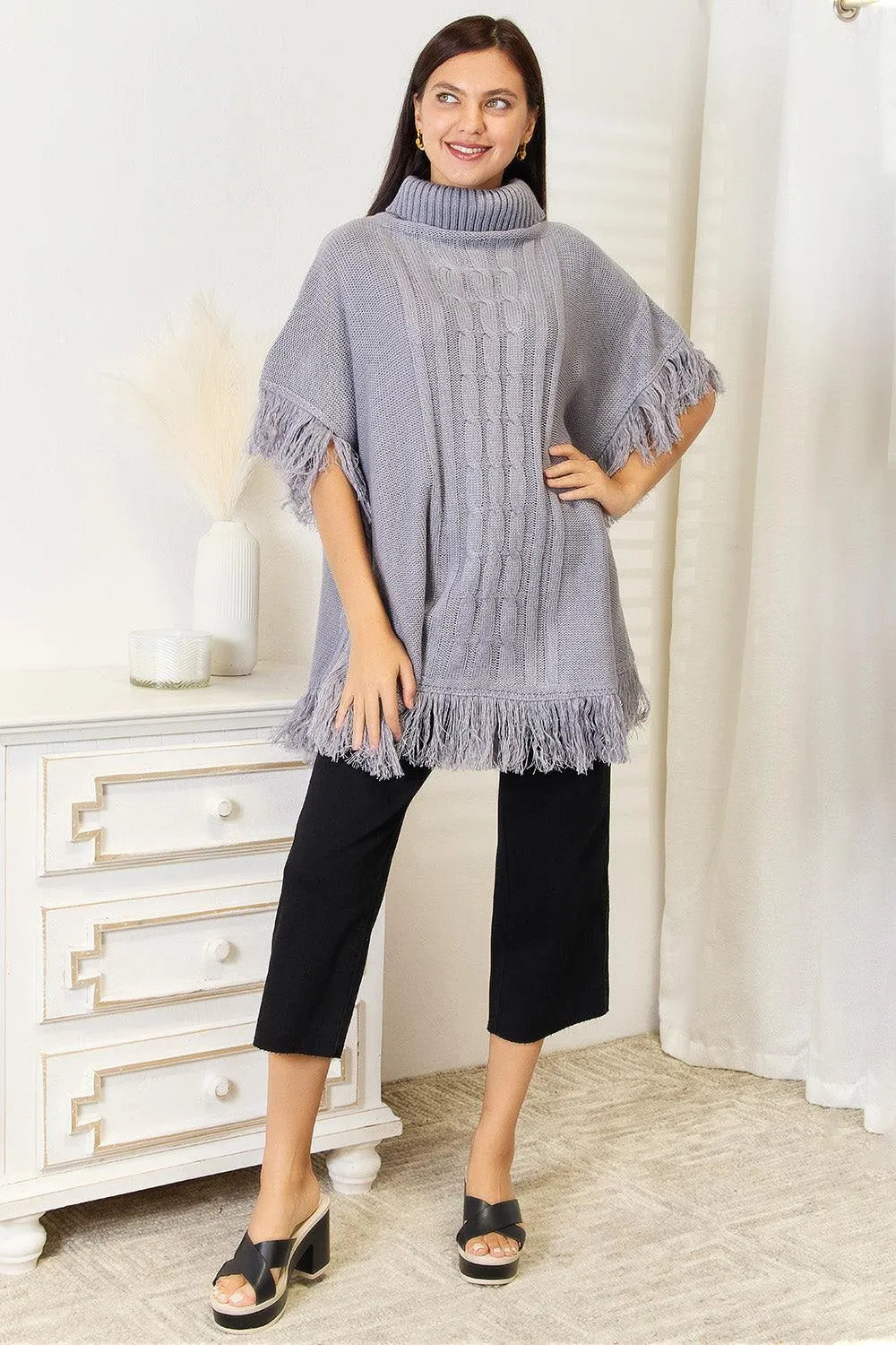 Justin Taylor Turtle Neck Fringe Poncho - 6i6