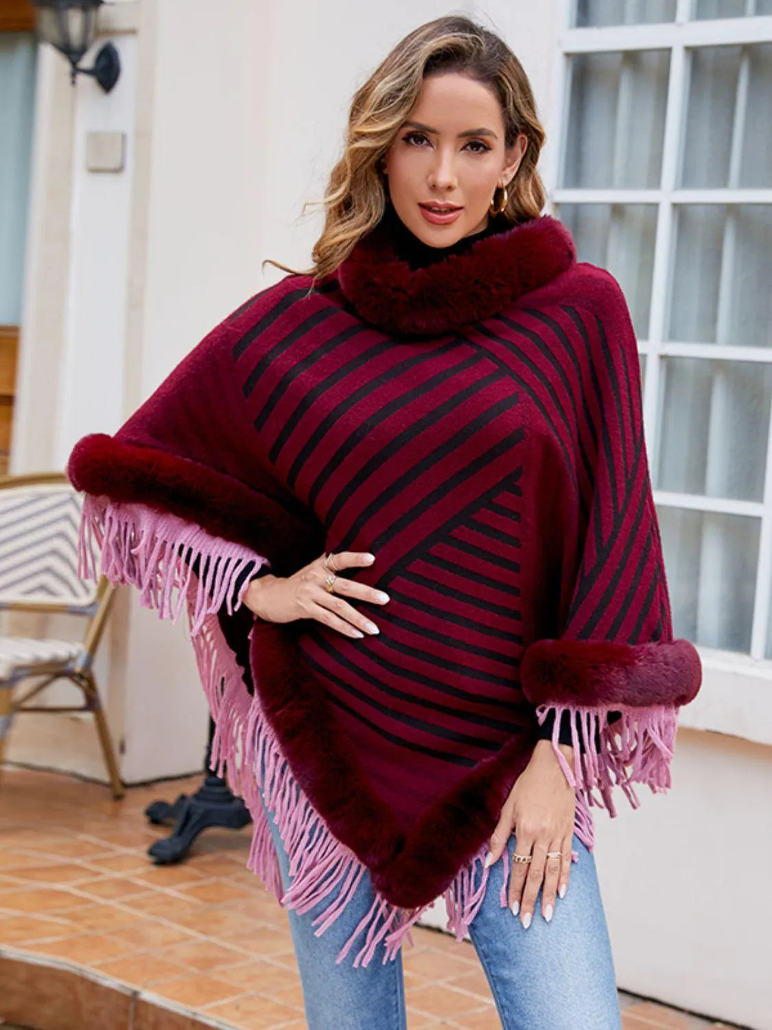 Striped Fringe Hem Poncho - 6i6