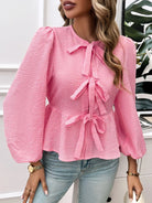 Tied Round Neck Long Sleeve Blouse - 6i6