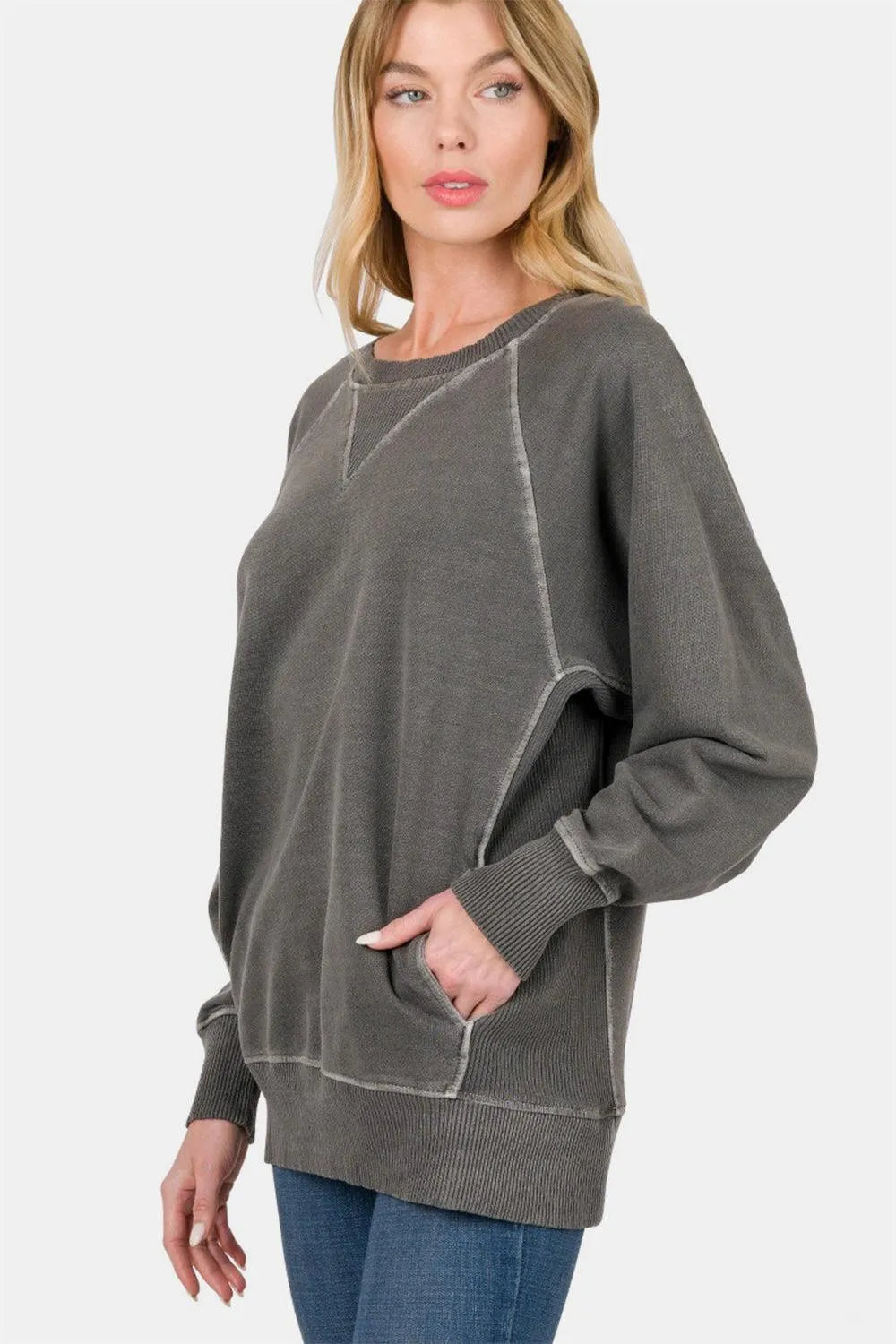 Zenana Round Neck Long Sleeve Sweatshirt - 6i6