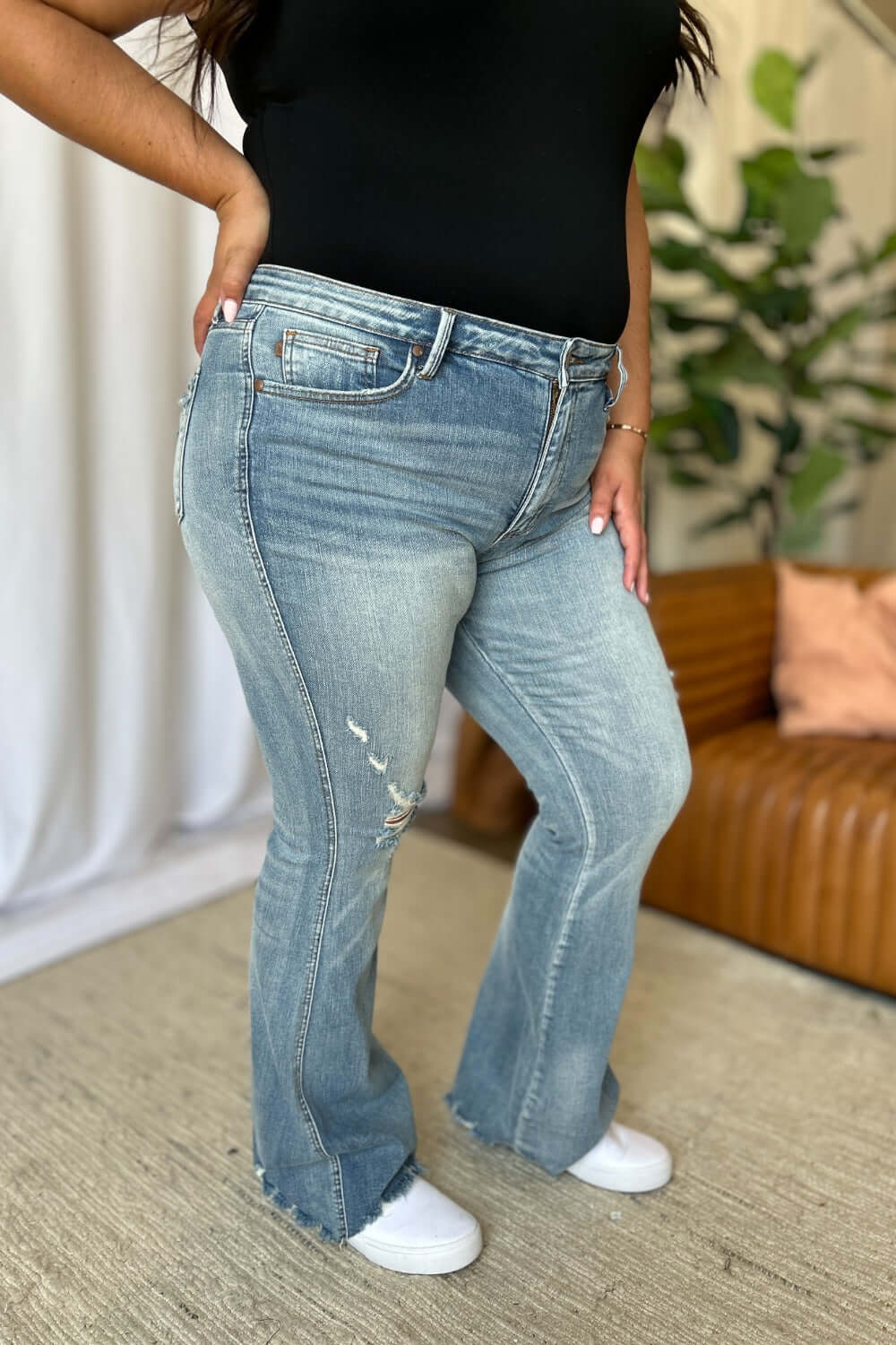 Judy Blue full-size medium rise tummy control destroy flare jeans with a flattering fit and distressed details, available at 6i6.com