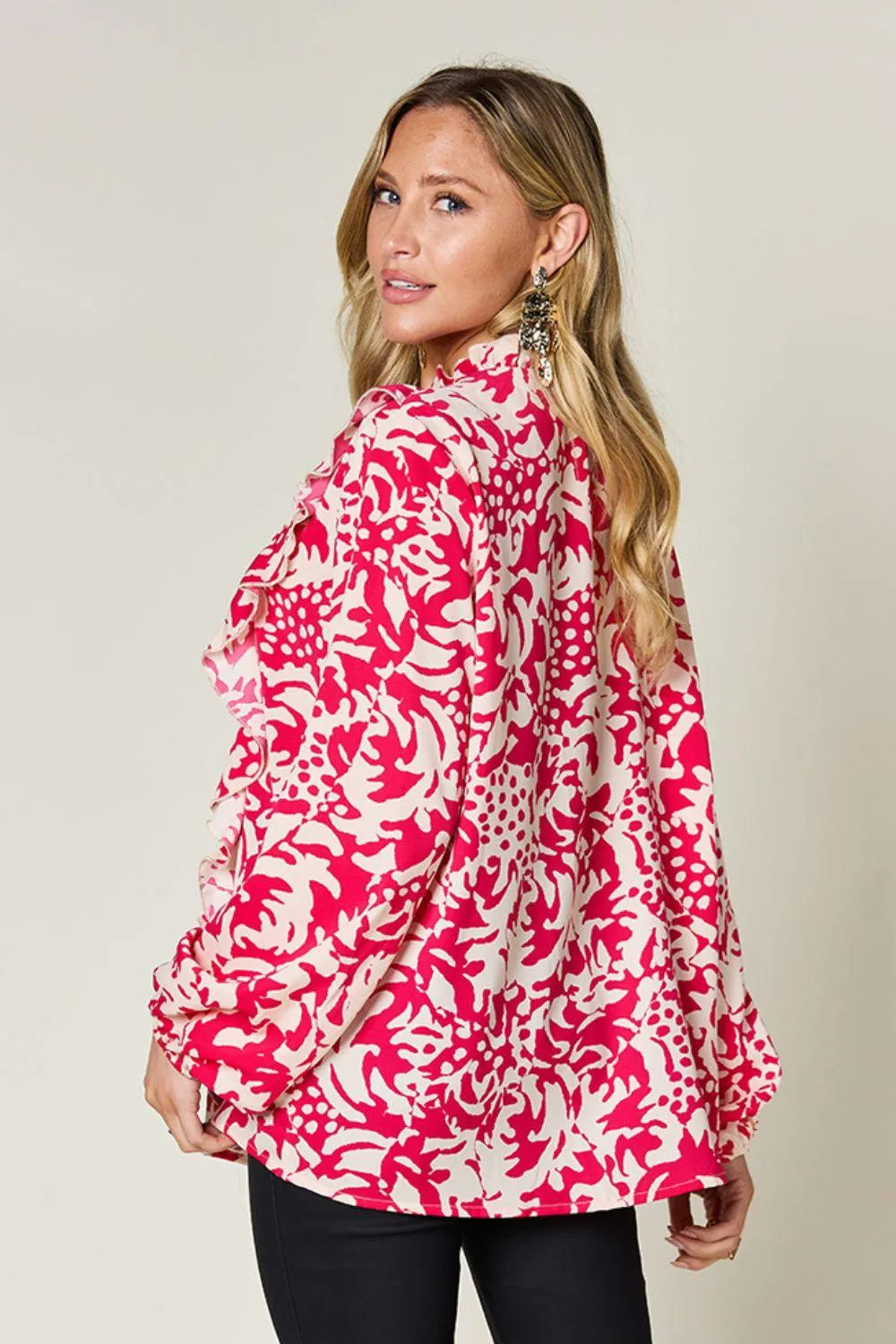 Double Take Full Size Printed Ruffle Trim Balloon Sleeve Shirt - 6i6