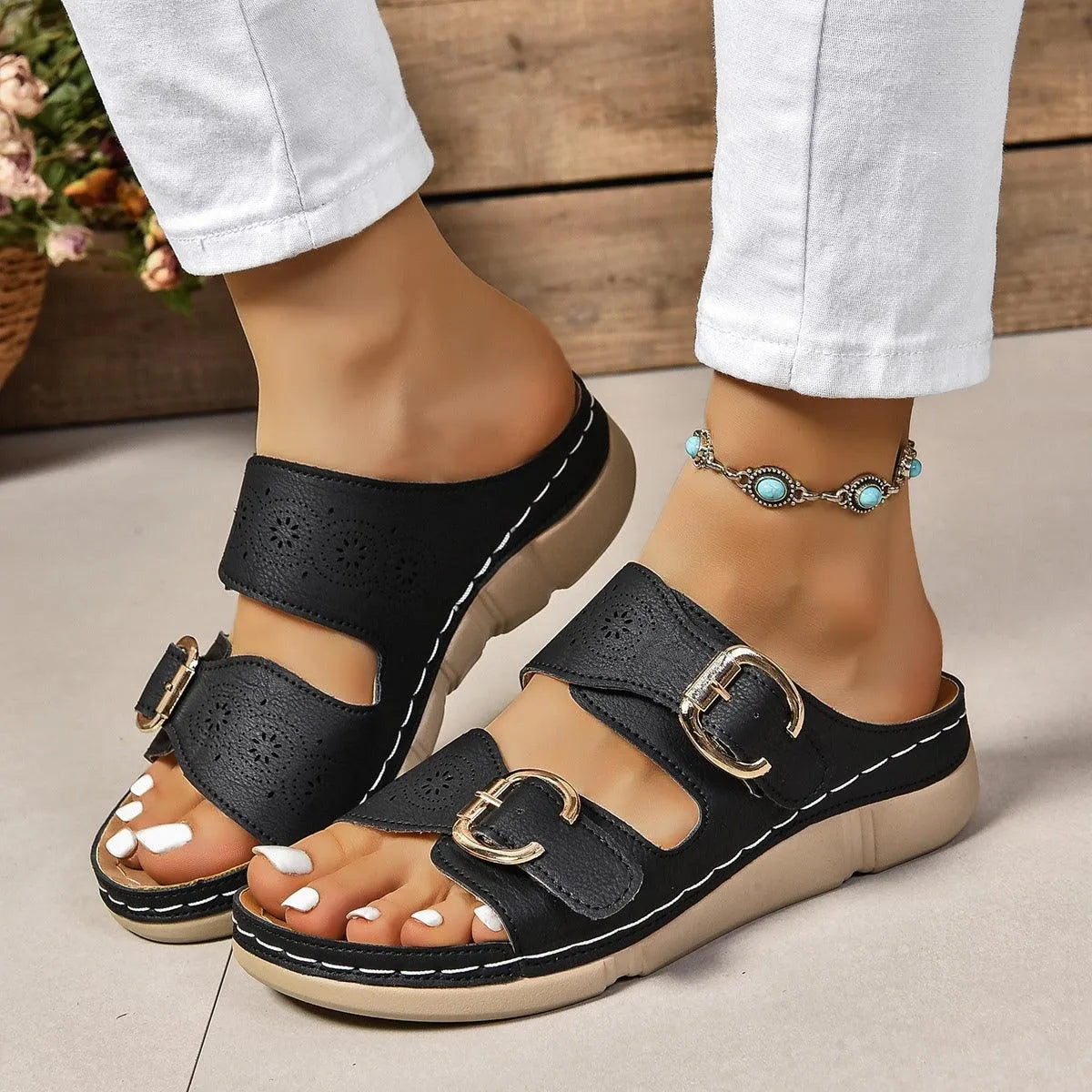 PU Leather Open Toe Buckle Sandals - 6i6