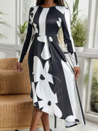 Asymmetrical Slit Round Neck Long Sleeve Midi Dress - 6i6