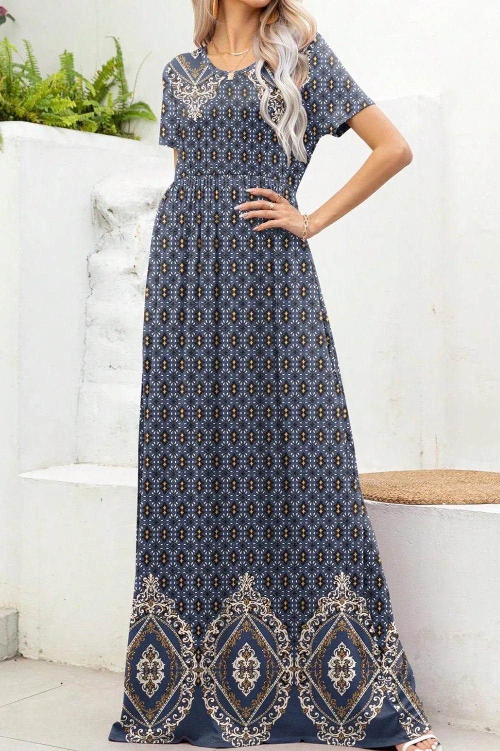 Printed Round Neck Short Sleeve Maxi Dress - 6i6